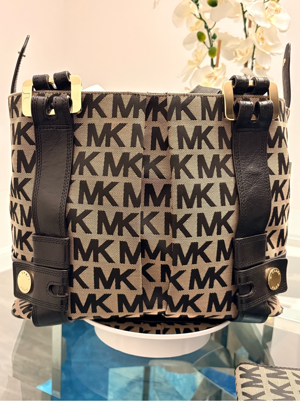 Michael Kors Black & Brown MK Logo Shoulder Bag & Matching Wallet - Picture 7 of 17